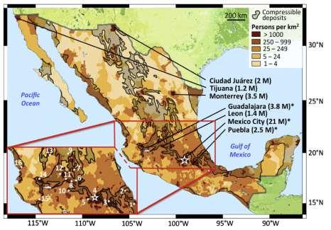 Land subsidence study cases in Central Mexico Map of population density in Mexico from the Gridded Population of the World, Version 3 (GPWv3) based on the 2000 census (Center for International Earth