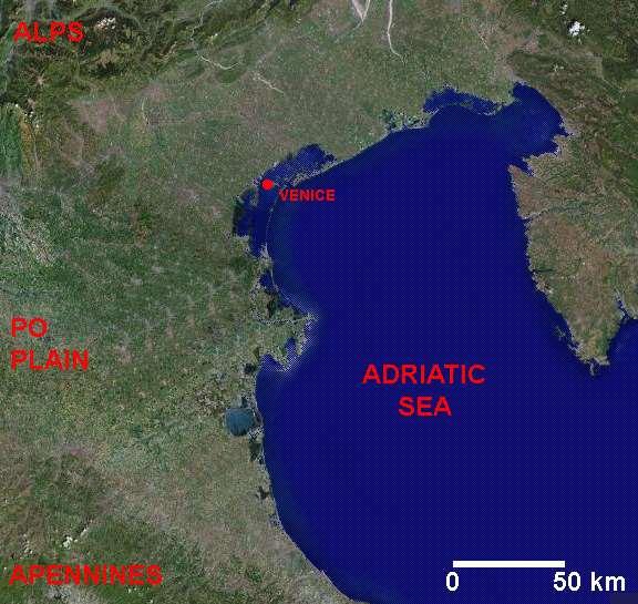 280 km Land subsidence in the Venice coastland