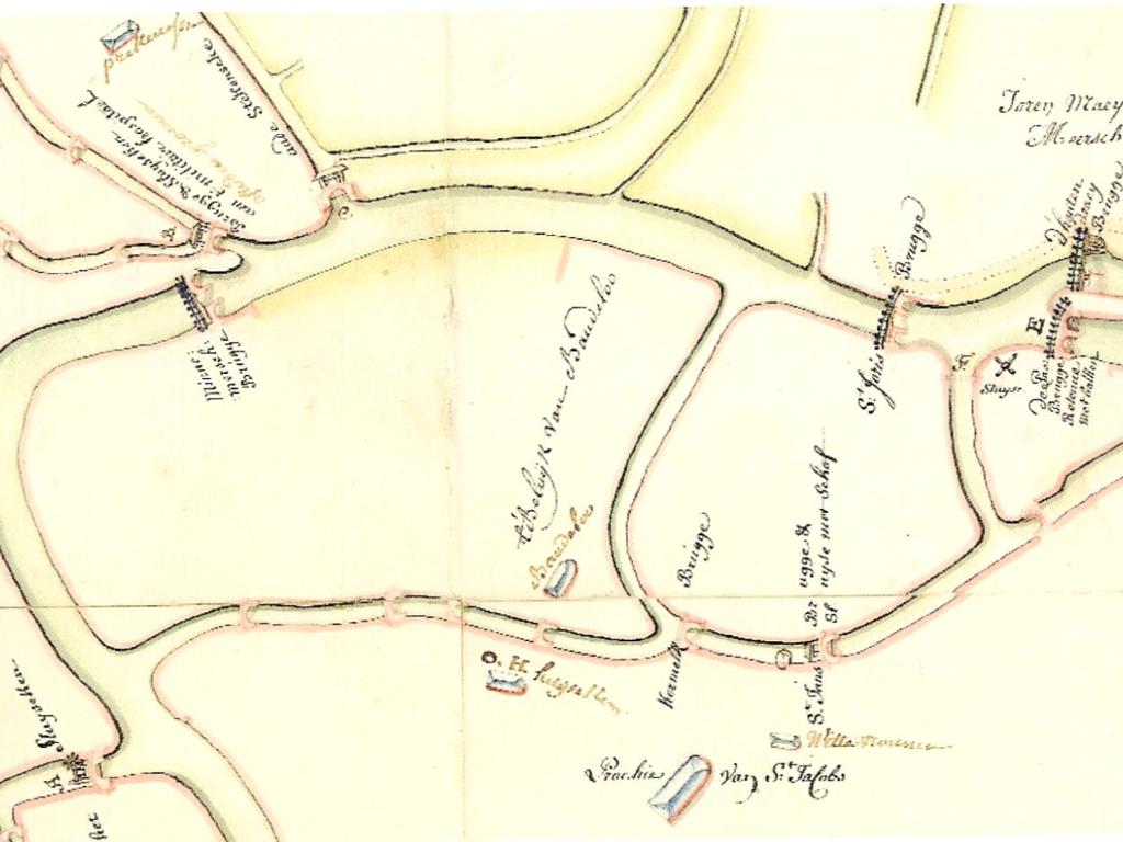Plan uit 1780 van de waterlopen tussen st Jacobs en de vestingsgracht De Waterwijk (laag gelegen gebied) Alle waterlopen dat je ziet op de kaart werden gedempt.