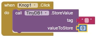Klik op when Knop.Clock do en sleep het naar de Viewer. 6 Klik dan nu op TinyDB en kies call TinyDB.StoreValue.