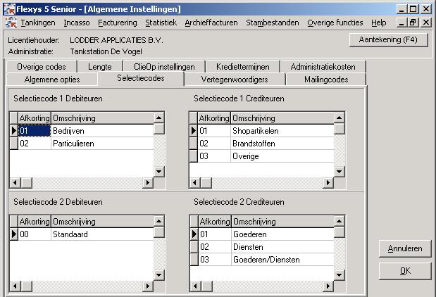 3 1.1 Stap 1: Definiëren van diverse coderingen [Overige functies] [Instellingen] [Algemene instellingen] tabblad [Selectiecodes] Initieel Na het maken van deze menukeuze treft u een aantal tabbladen