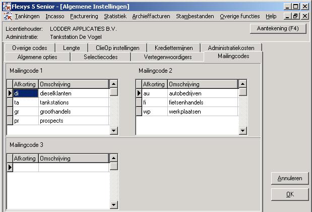 5 [Overige functies] [Instellingen] [Algemene instellingen] tabblad [Mailingcodes] Op dit tabblad kunt u de mailingcodes ingeven.