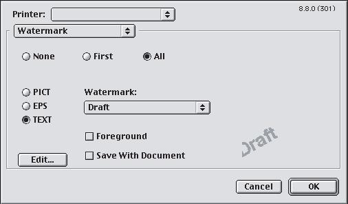 MAC OS 9 De hier afgebeelde illustraties komen uit het stuurprogramma Adobe PostScript. Het stuurprogramma Apple LaserWriter heeft geen functie voor watermerken. 1.