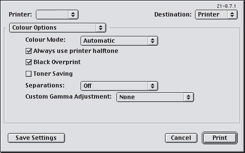 MAC OS 9 1. Kies [Archief] [Print]. 1 2 3 2. Selecteer uw printermodel in het menu [Printer] (1). 3. Selecteer [Kleuropties] (2). 4. Schakel het selectievakje [Zwarte overdruk] (3) in. MAC OS X 1.