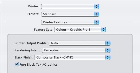 Selecteer [Print] in het menu [Archief]. 1 2 3 4 2. Selecteer uw printer in het menu [Printer] (1). 3. Selecteer [Printerfuncties] in het volgende menu (2). 4. Selecteer [Kleur - Graphic Pro 3] in het menu [Functiesets] (3).