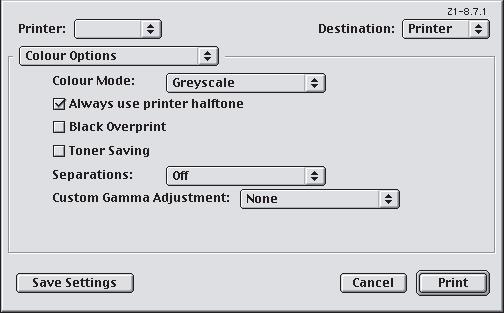 MAC OS 9 1. Kies [Archief] [Print] in uw toepassingsprogramma. 1 2 3 4 2. Selecteer uw printer in het menu [Printer] (1). 3. Selecteer [Kleuropties] in het volgende menu (2). 4. Selecteer [Grijswaarde] in het menu [Kleurmodus] (3).