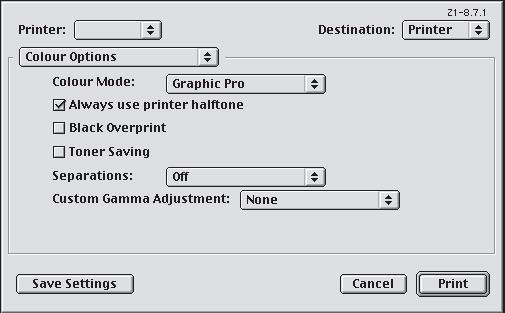 MAC OS 9 1. Kies [Archief] [Print]. 2. Selecteer uw printermodel in het menu [Printer] (1). 3. Selecteer [Kleuropties] (2). 4.