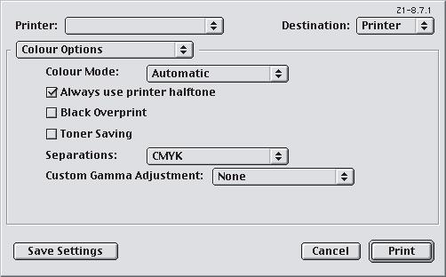 MAC OS9 1. Kies [Archief] [Print]. 1 2 3 2. Selecteer uw printermodel in het printermenu (1). 3. Selecteer [Kleuropties] (2).