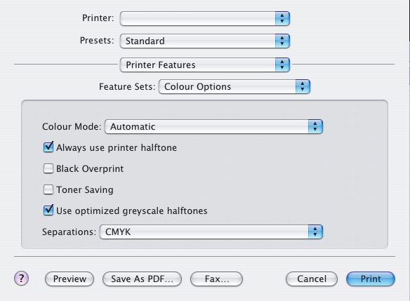 MAC OS X 1. Kies [Archief] [Print]. 1 2 3 4 2. Selecteer uw printermodel in het printermenu (1). 3. Selecteer [Printerfuncties] (2). 4. Selecteer [Kleuropties] in het menu [Functiesets] (3).