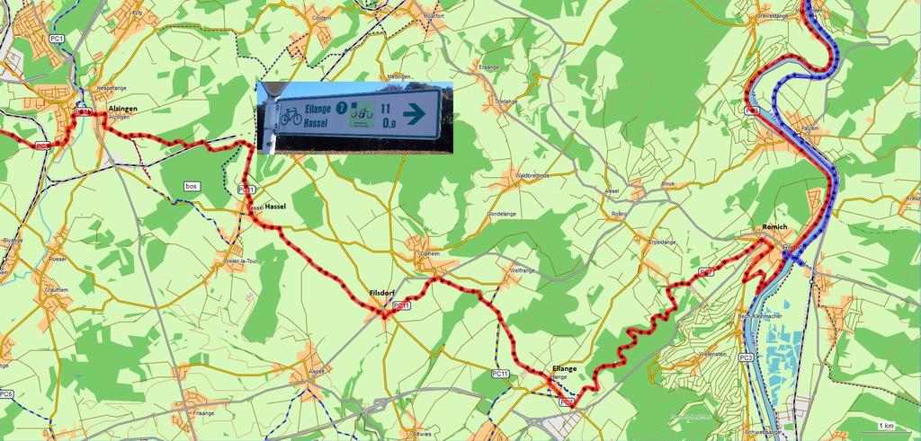 Alternatief Alzingen-Moezel 25 km tot Remich en tot Wormeldange 35km. West-Oost traject Dit alternatief begint op kaart 35 bij km 79. km 82 over spoorviaduct km 83 rechts af de PC7 fietsroute op.