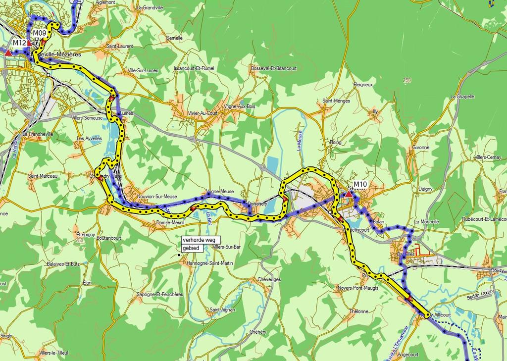 Voie Verte Trans Ardennen klaar tot Remilly-Aillicourt (kaart M10) Noord-Zuid pagina 165, kaart M9, km 84 einde
