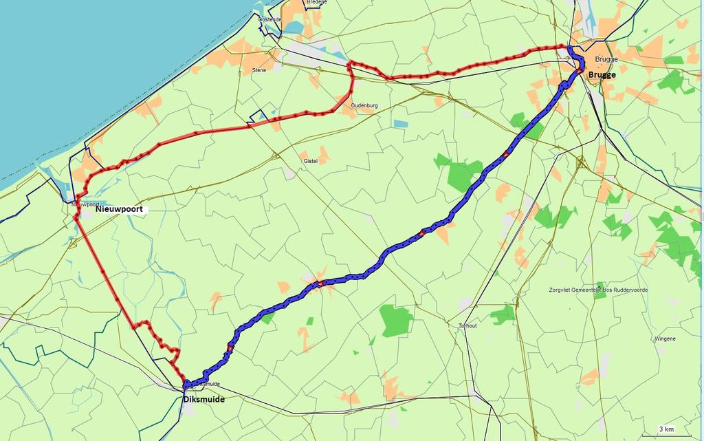 Alternatief tussen Brugge en Diksmuide Er is een alternatief ontwikkeld tussen Brugge en Diksmuide. De originele route over Nieuwpoort is 52km.