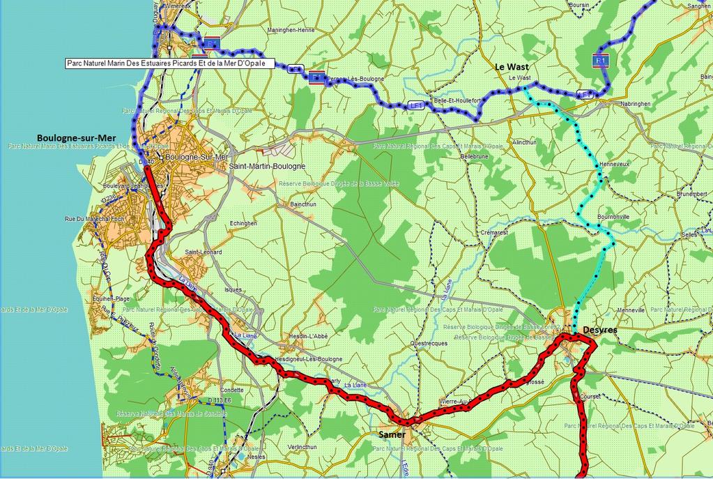 Alternatief tussen Boulogne-sur-Mer en Desvres Er is gezocht naar een mogelijkheid om niet, zoals de huidige situatie is, het stuk van Le Wast_Boulogne-sur-Mer heen-en-weer te fietsen.