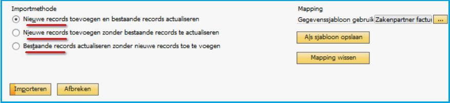 Nu kunt u onder het kopje Importmethode kiezen of u nieuwe records wilt toevoegen en bestaande wil actualiseren, nieuwe wilt toevoegen zonder bestaande te actualiseren of alleen bestaande wilt