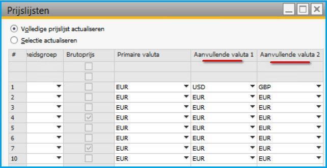 Valuta op de prijslijst Met ingang van SAP Business One 9.