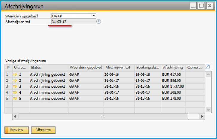 Afschrijvingen U kunt uiteraard een handmatige afschrijving inboeken, maar één van de belangrijkste functionaliteiten van de vaste activa module in SAP Business One is de Afschrijvingsrun.