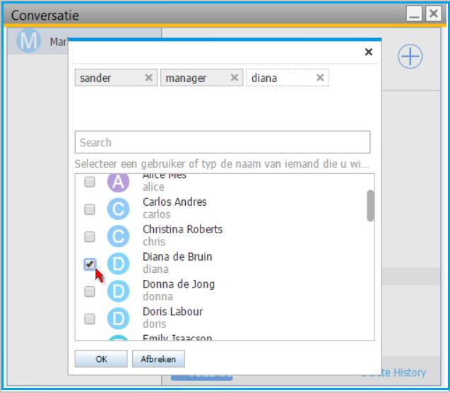 Vervolgens voegt hij ook gebruiker Diana de Bruin, de bedrijfsaccountant, toe aan het gesprek door op het plusteken rechtsboven in