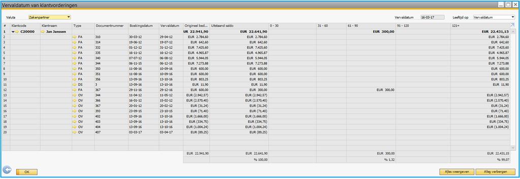 Dit rapport kan bijvoorbeeld gedraaid worden aan het eind van dit derde kwartaal. In dit rapport kunt u vervolgens zien ziet u dat de betalingstermijn voor de facturen op 30 dagen staat.