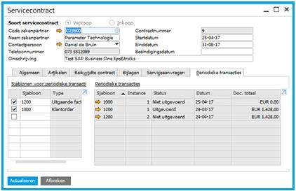 Het tabblad Periodieke transacties: In het tabblad periodieke transacties kunt u voor een desbetreffend document (klantorder of uitgaande factuur) een terugkomende activiteit (serviceaanvraag)