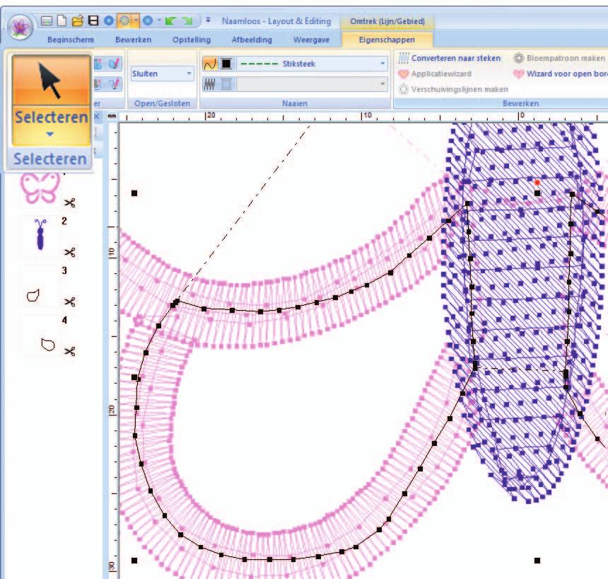 b Memo: Als een lijn van het patroon zichzelf kruist, is de Wizard voor open borduurwerk niet beschikbaar.