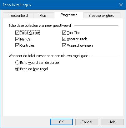 156 Programma Echo Programma echo bepaalt welke items worden uitgesproken als u door applicaties navigeert en applicaties gebruikt.