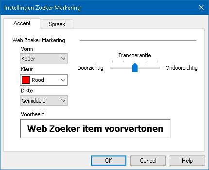 204 Zoeker Markering en Spraak instellingen De Zoeker-instellingen biedt de mogelijkheid de markering van het Zoekresultaat en de spraak te configureren.