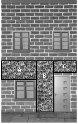 voorgevel waarbij de gevelbreedte (GB), gevelhoogte (GH), de hoogte (RH) en breedte (RB) van het raam op straatniveau, de hoogte (DH) en de breedte (DB) van deur werden bepaald.