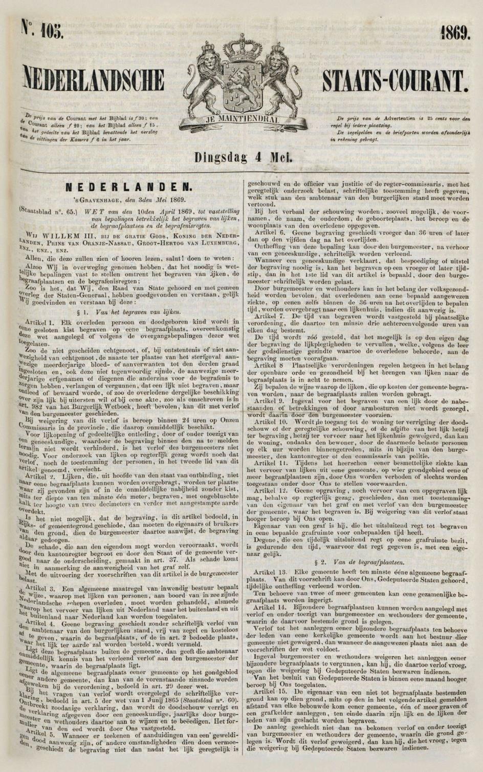 De behandeling in de Eerste Kamer vond plaats op donderdag 8 april 1869.