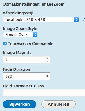 Download en installeer de module Image Field Zoom 3. Open de weergave van het inhoudstype Bands 4. Verander het formaat van het veld afbeelding naar ImageZoom 5.