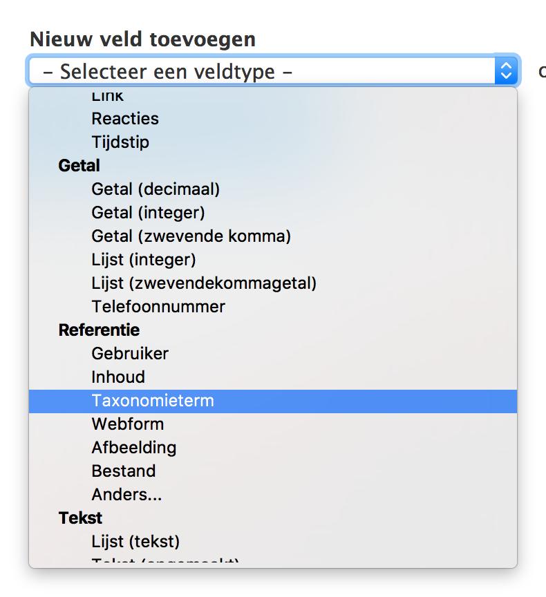 Voeg een nieuw veld toe en kies als veldtype: referentie - taxonomie Geef een