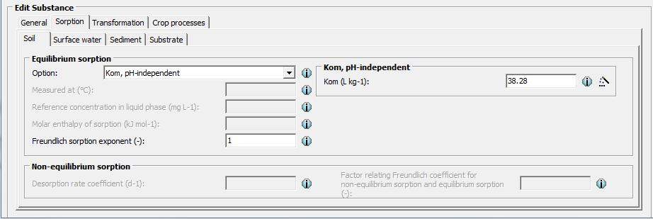 The Edit substance form is divided in four tabs: General, Sorption, Transformation, and Crop processes. 3.2.