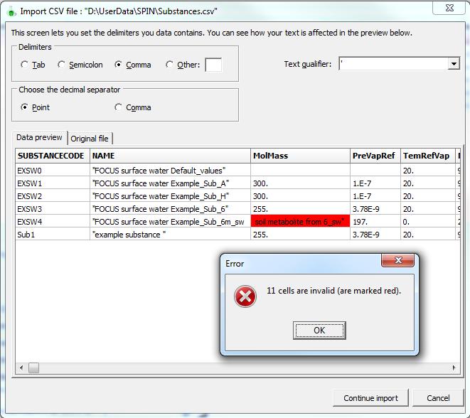 SPIN checks the validity of the imported data for each field. In case SPIN detects an inconsistency, an error message pops up ( Figure 17).