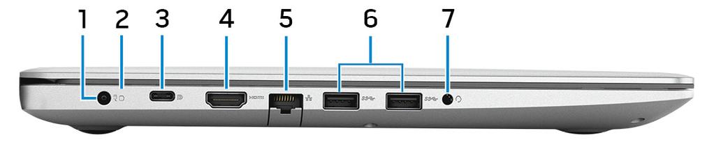 Aanzichten Links 1 Netadapterpoort Sluit een netadapter aan om uw computer op netvoeding aan te sluiten en om de batterij op te laden.