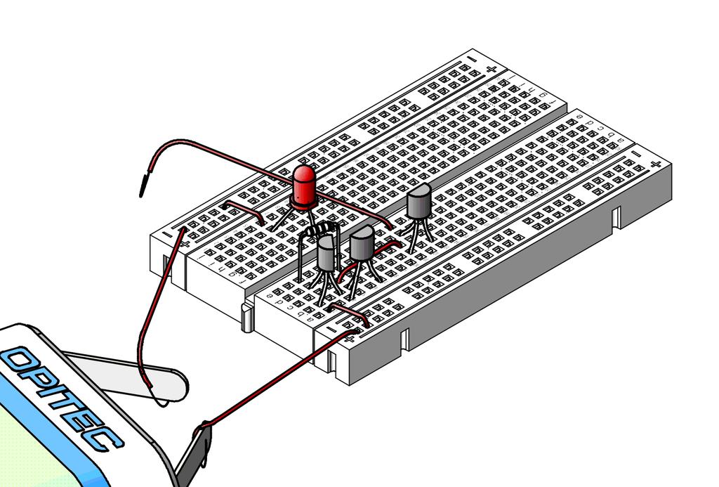 12. Experiment: de Darlington schakeling Voor dit experiment hebben we de beide gewone Transistors type BC 548 B nodig. Bouw de schakeling op, zoals de tekening aangeeft.