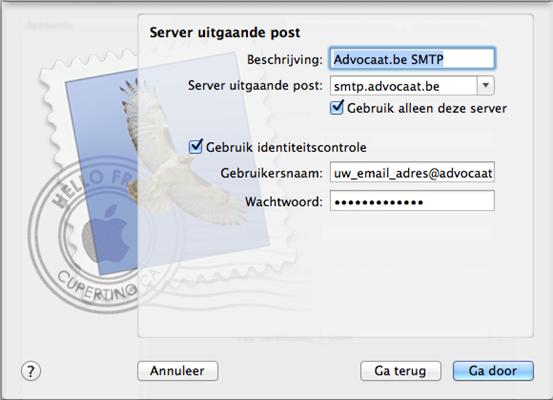 Bij Beschrijving vult u een naam in voor de configuratie van de SMTP server. Een duidelijke benaming is bv. Advocaat.be SMTP.