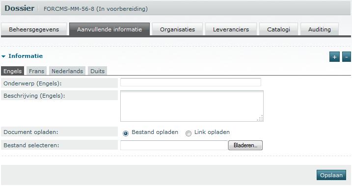 3.3 Aanvullende informatie toevoegen Op dit tabblad kan de dossierbeheerder aanvullende informatie ingeven waarvan hij denkt dat die nuttig zou kunnen zijn voor aankopers die gebruik willen maken van