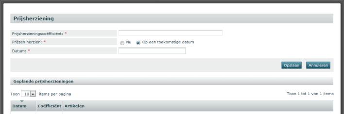 7.3.3 Een prijsherziening aanmaken Deze functionaliteit laat toe om een prijsherziening door te voeren op een selectie van artikelen op de huidige pagina alle artikelen van de catalogus een