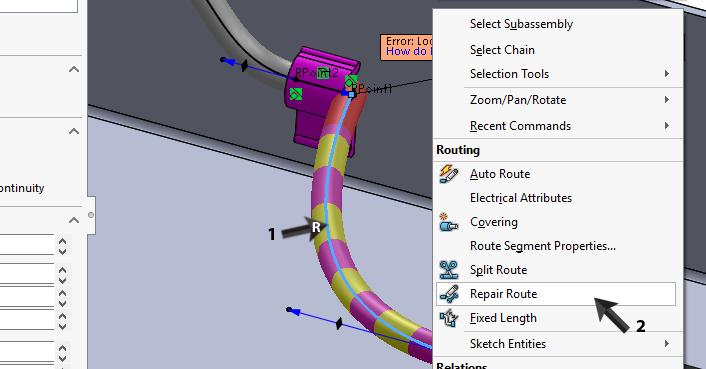 een foutmelding. SOLIDWORKS ziet dat er een te scherpe bocht in de kabel zit, en dat kan niet. Klik met de rechter muisknop op de kabel en kies Repair Route 51 1.