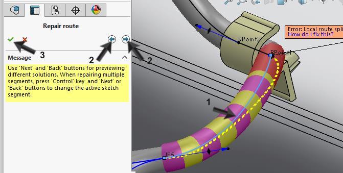 Klik dan in de PropertyManager op Next en Previous tot je een goede curve ziet 3. Klik op OK. Tip! De curve die in de kabel loopt is een spline in een 3D-sketch.