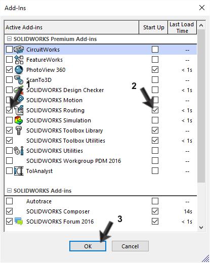 13 Vink in het menu dat verschijnt het vakje voor én achter SOLIDWORKS Routing aan. Klik op OK.