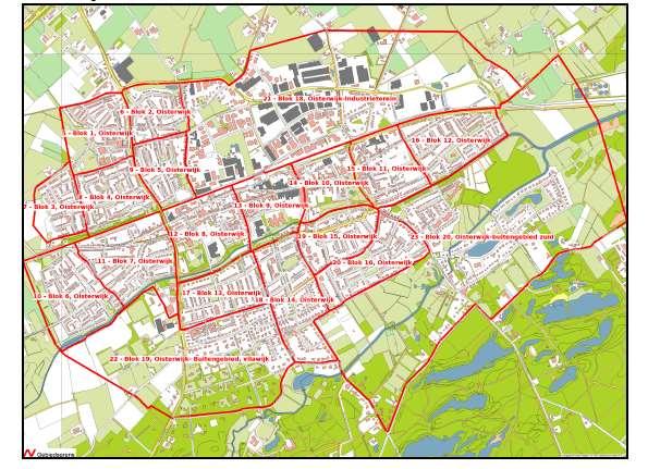 1.4 Inventarisatie per wijk Oisterwijk is als volgt ingedeeld in 20 wijken: 1. Kruidenwijk 2. Molenwijk 3. Bevrijdingswijk (inclusief Pannenschuur Buiten, niet op de kaart ingetekend) 4.