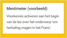 Lesideeën 1. Kies een tool die je aanspreekt. 2. Bedenk een lesidee voor een van je eerstvolgende lessen. Zoek een goede balans tussen vakinhoud + werkvorm + tool. 3. Noteer je lesidee in padlet.