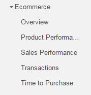 In de oude versie van e-commerce in Analytics had je beschikking over de volgende rapporten: overzicht; productprestaties; verkoopprestaties; transacties; tijd tot aankoop.