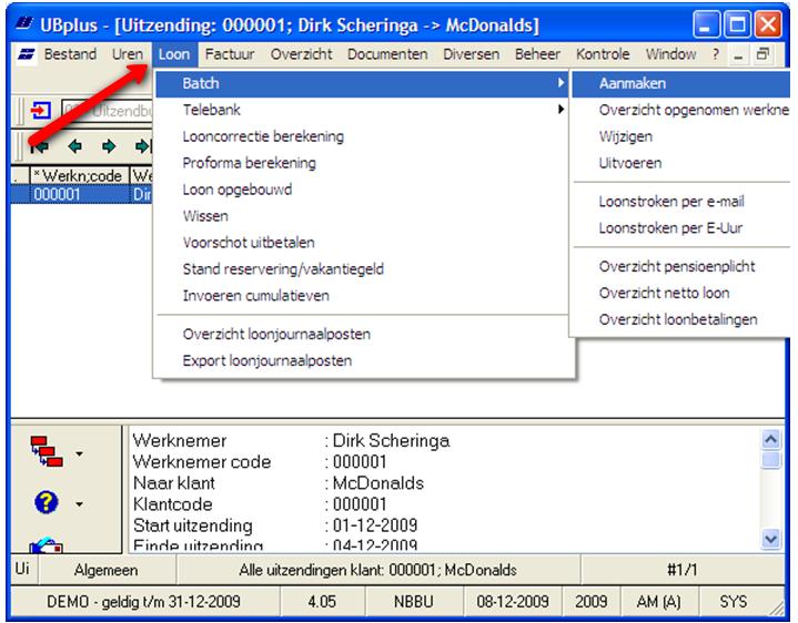 Ga hiervoor naar het hoofdmenu Loon->Batch->Aanmaken. Bij het aanmaken van de loonbatch is het belangrijk om de correcte loonberekeningsperiode en de einddatum (uitbetaling t/m week) aan te geven.