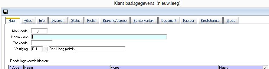 In het klantenscherm wordt met de button Nieuw/Leeg een scherm getoond waarin alle benodigde klantgegevens ingevoerd kunnen worden.