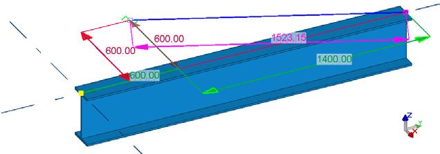 De kleuren van de maatlijnen in de richtingen waarin u het object wijzigt in Tekla Structures, volgen de kleuren