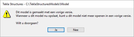 Een model uit een vorige versie openen Wanneer u een model opent dat gemaakt is in een vorige Tekla Structures versie, verschijnt het volgende dialoogvenster: Klik op OK om het model te openen.