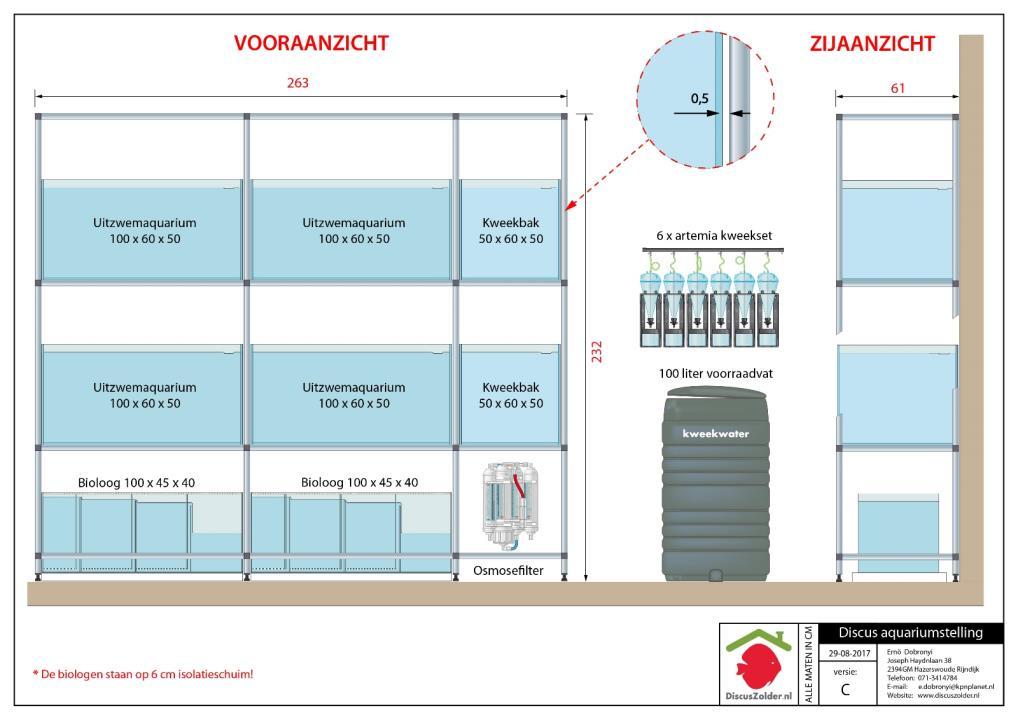 44 Deze kweekstelling heeft twee kweekbakken van 50x60x50. Eén wordt als kweekbak gebruikt. De andere dient als ziekenboeg. Daarnaast zijn er nog drie uitzwembakken die staan in een hobbykamer.