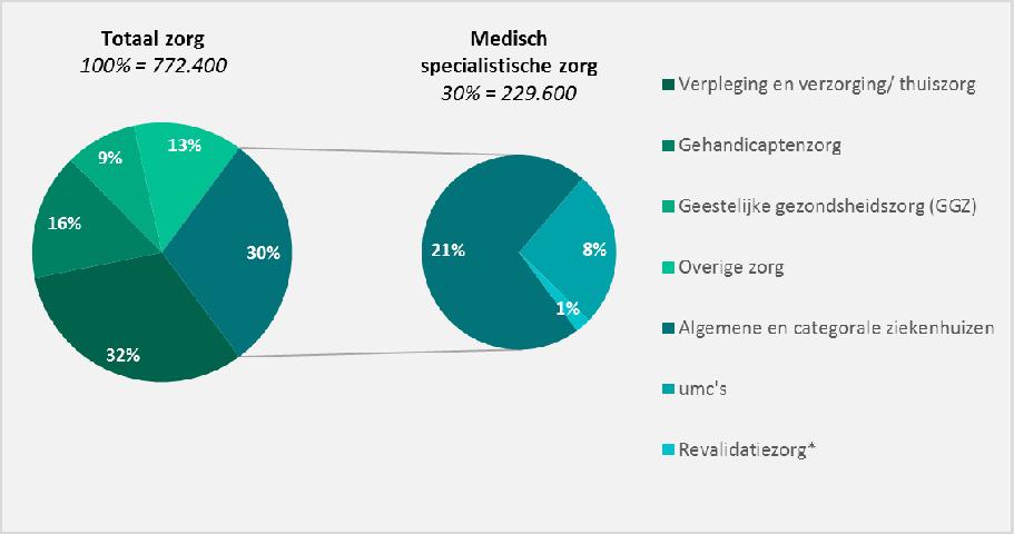 3.2 Werkgelegenheid in ziekenhuizen Zorg en welzijn is wat betreft het aantal banen een van de grootste sectoren in Nederland; 15,6% van het totale aantal banen in 2017 betrof de zorg 1.