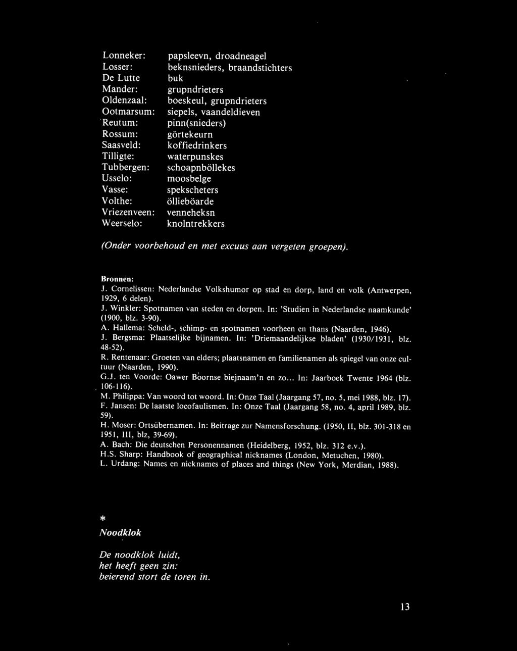 knolntrekkers (Onder voorbehoud en met excuus aan vergeten groepen). Bronnen: J. Cornelissen: Nederlandse Volkshumor op stad en dorp, land en volk (Antwerpen, 1929, 6 delen). J. Winkler: Spotnamen van steden en dorpen.